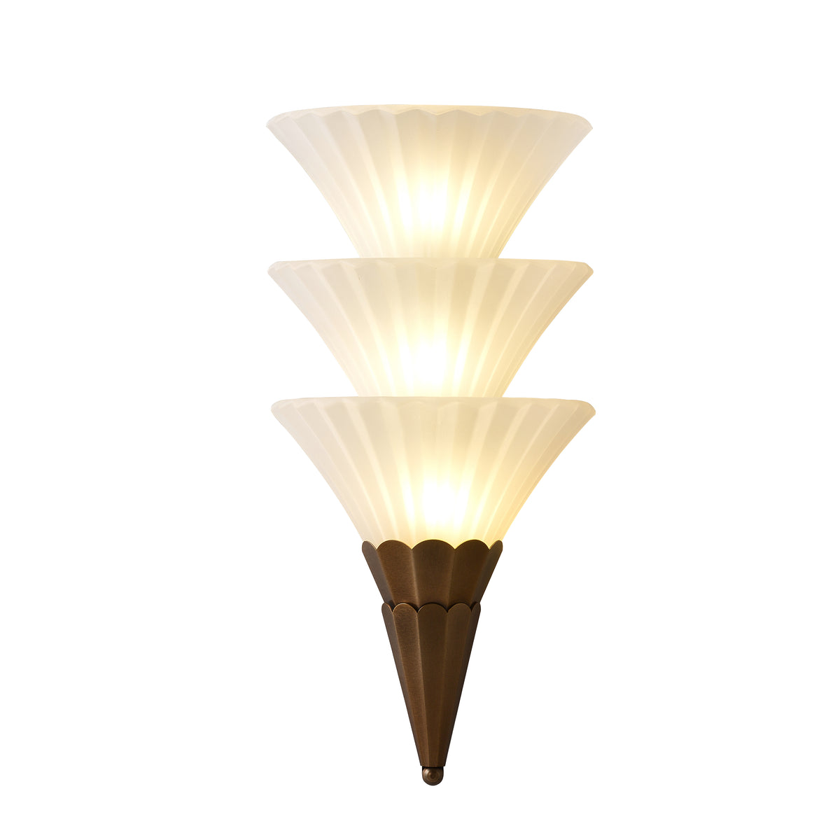Fanelisse fluted glass wall sconce in Antique Bronze - Three-tier complete original white-background view, warm light
