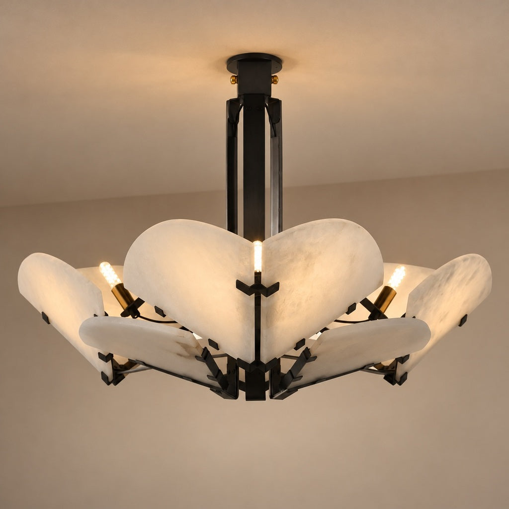 Alabaster Petal Chandelier — Complete black stainless steel and white alabaster petal chandelier on a warm taupe background with ceiling mount