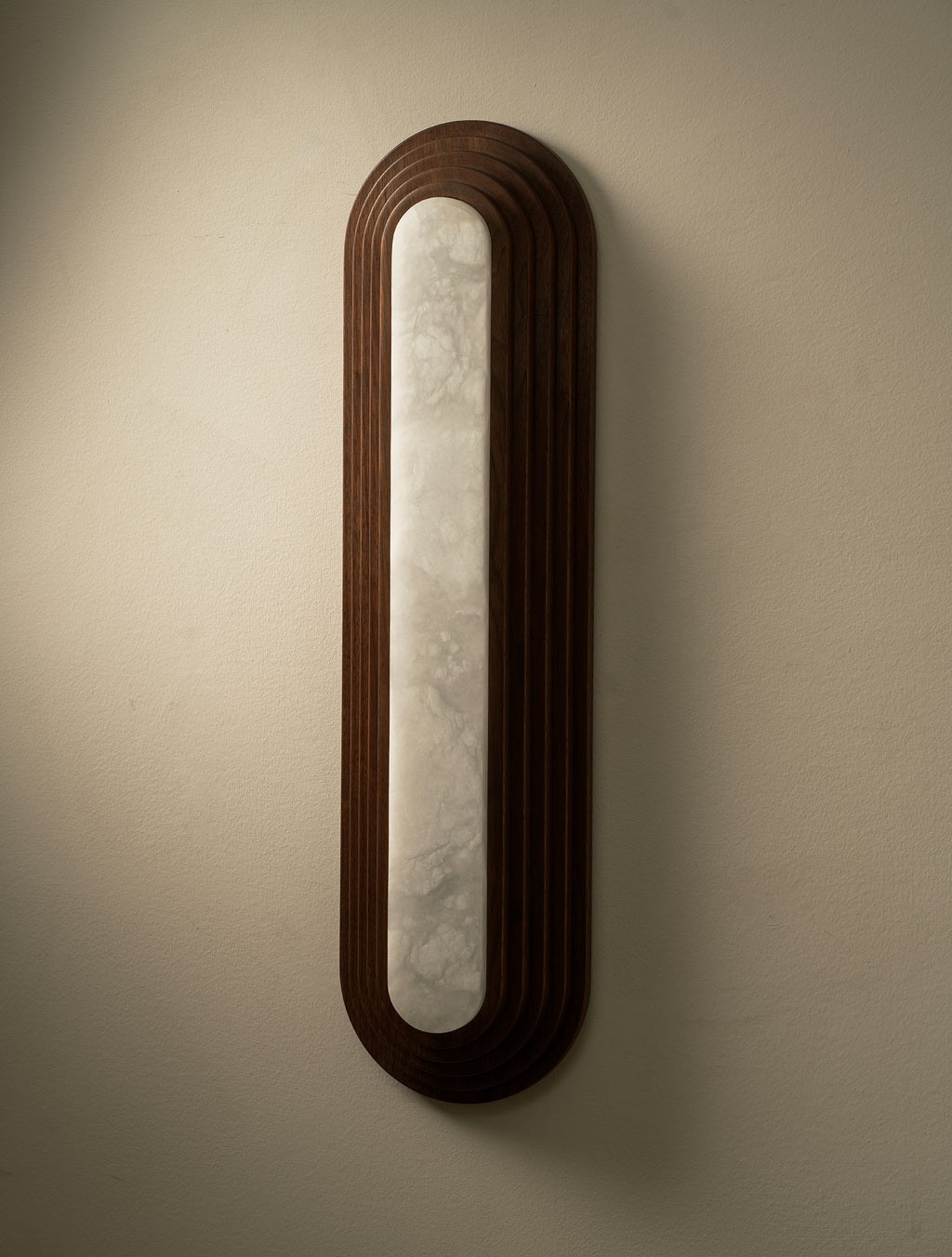 Real photograph of the black walnut alabaster wall sconce switched off
