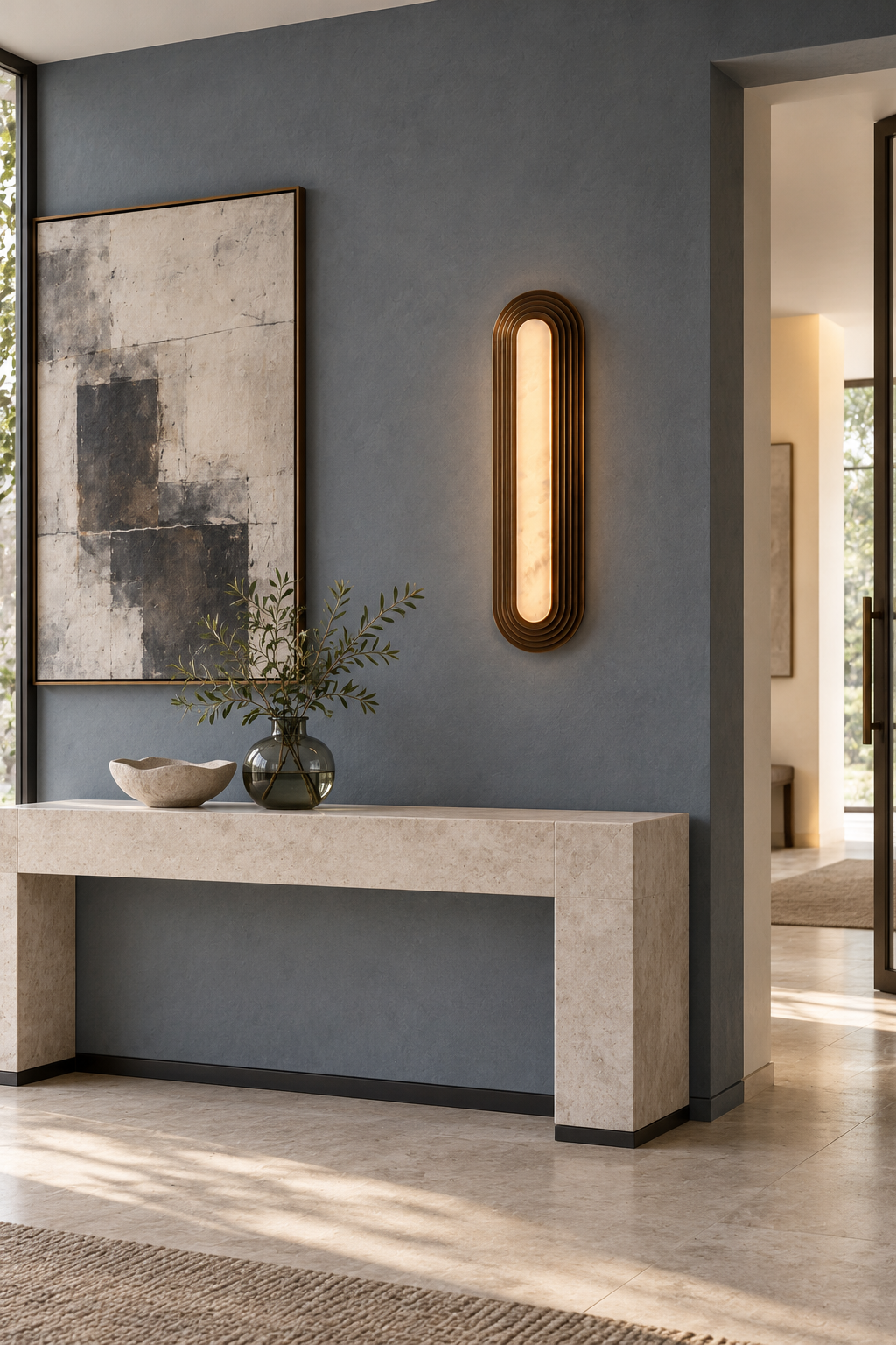 Long bronze-finish alabaster wall sconce lit above a sculptural entry console