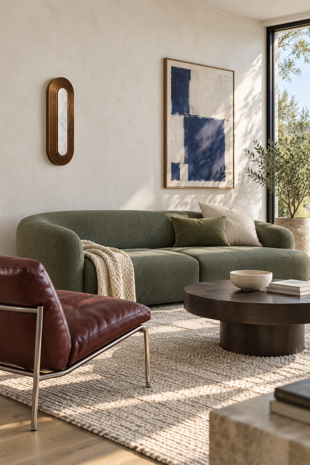 Short bronze-finish alabaster wall sconce unlit in a green and burgundy lounge