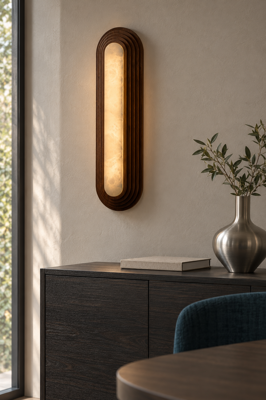 Long black walnut alabaster wall sconce lit above a dark dining sideboard