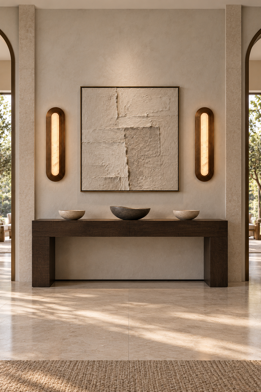 Symmetric pair of bronze-finish alabaster wall sconces flanking artwork in a limestone entrance