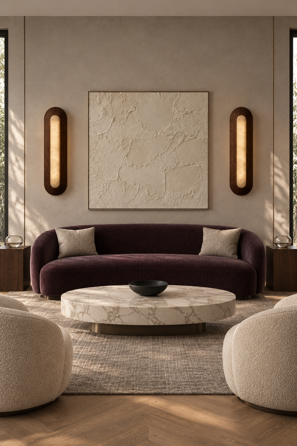 Symmetric pair of black walnut alabaster wall sconces flanking artwork above a plum sofa