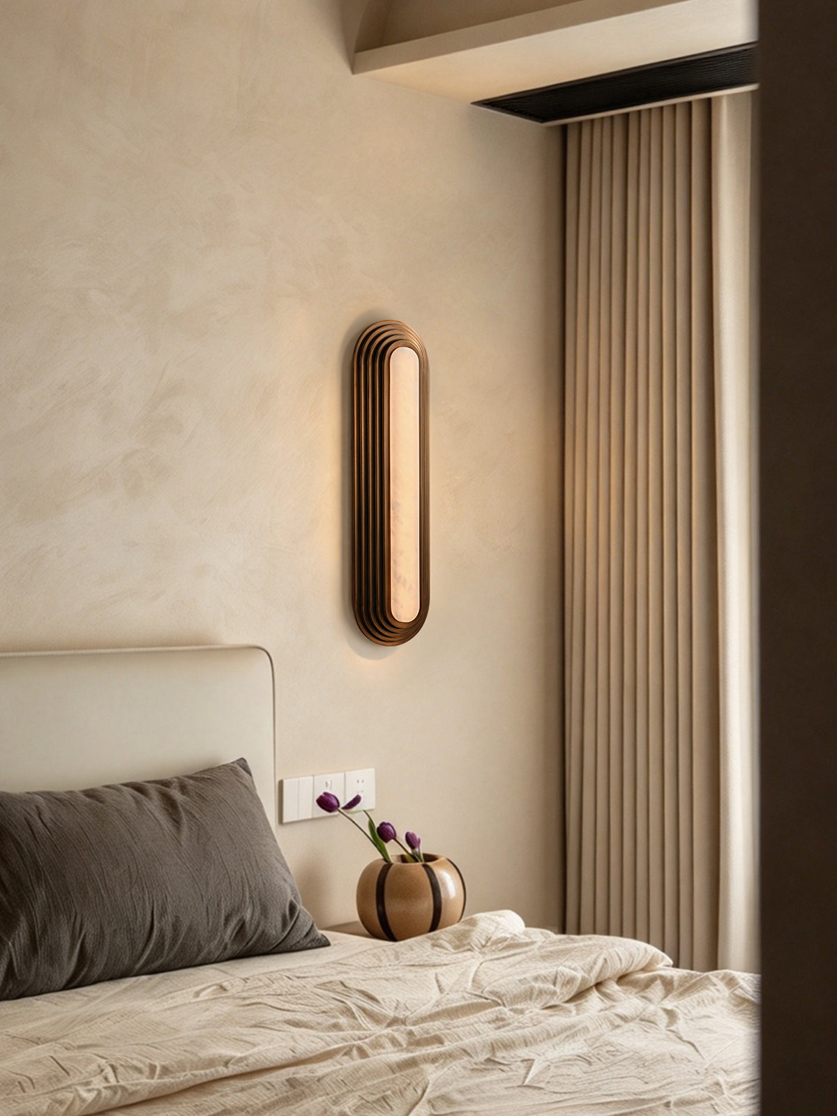 Original room photograph showing the stepped capsule alabaster wall sconce, view two