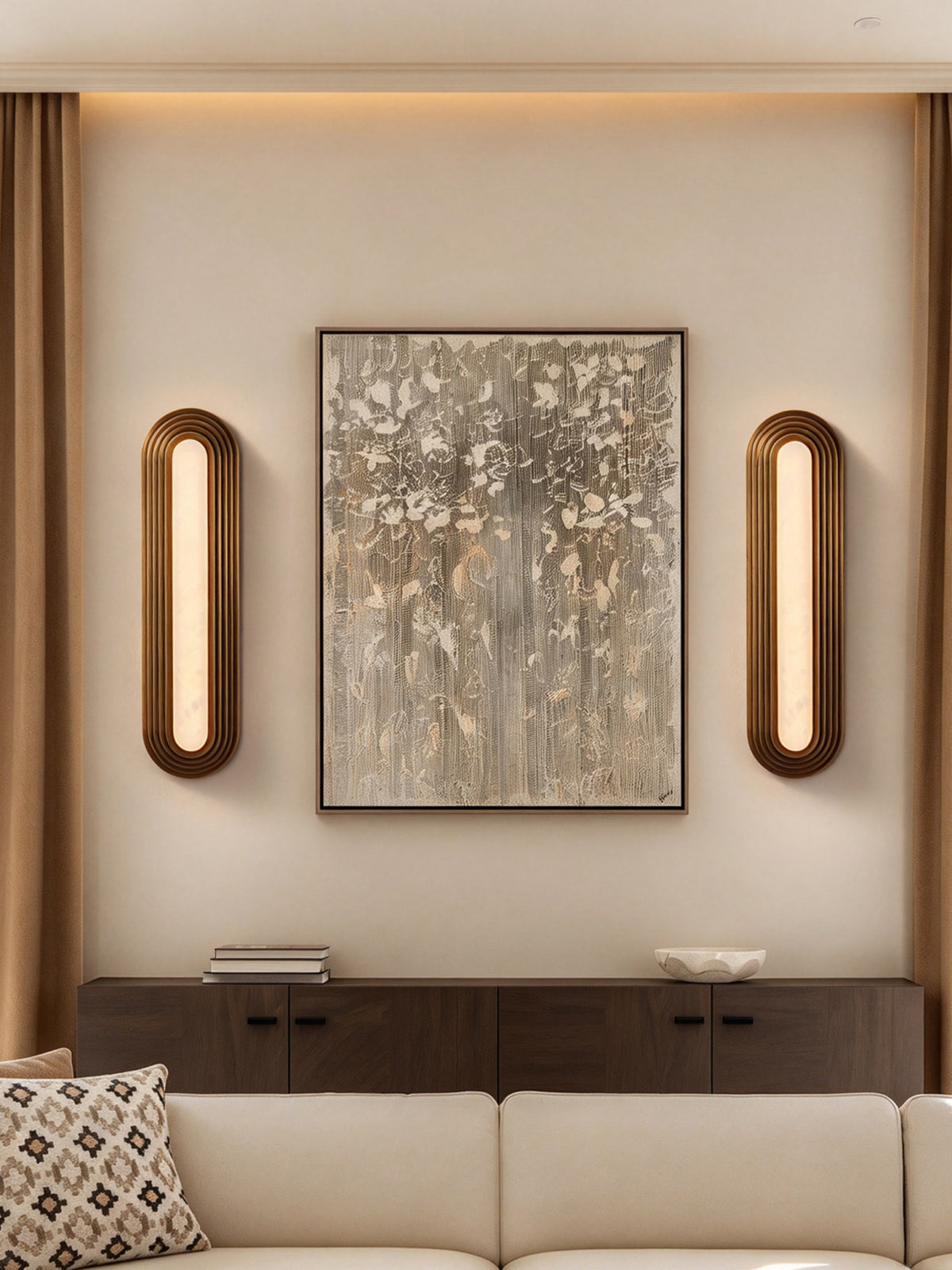 Original room photograph showing a pair of stepped capsule alabaster wall sconces