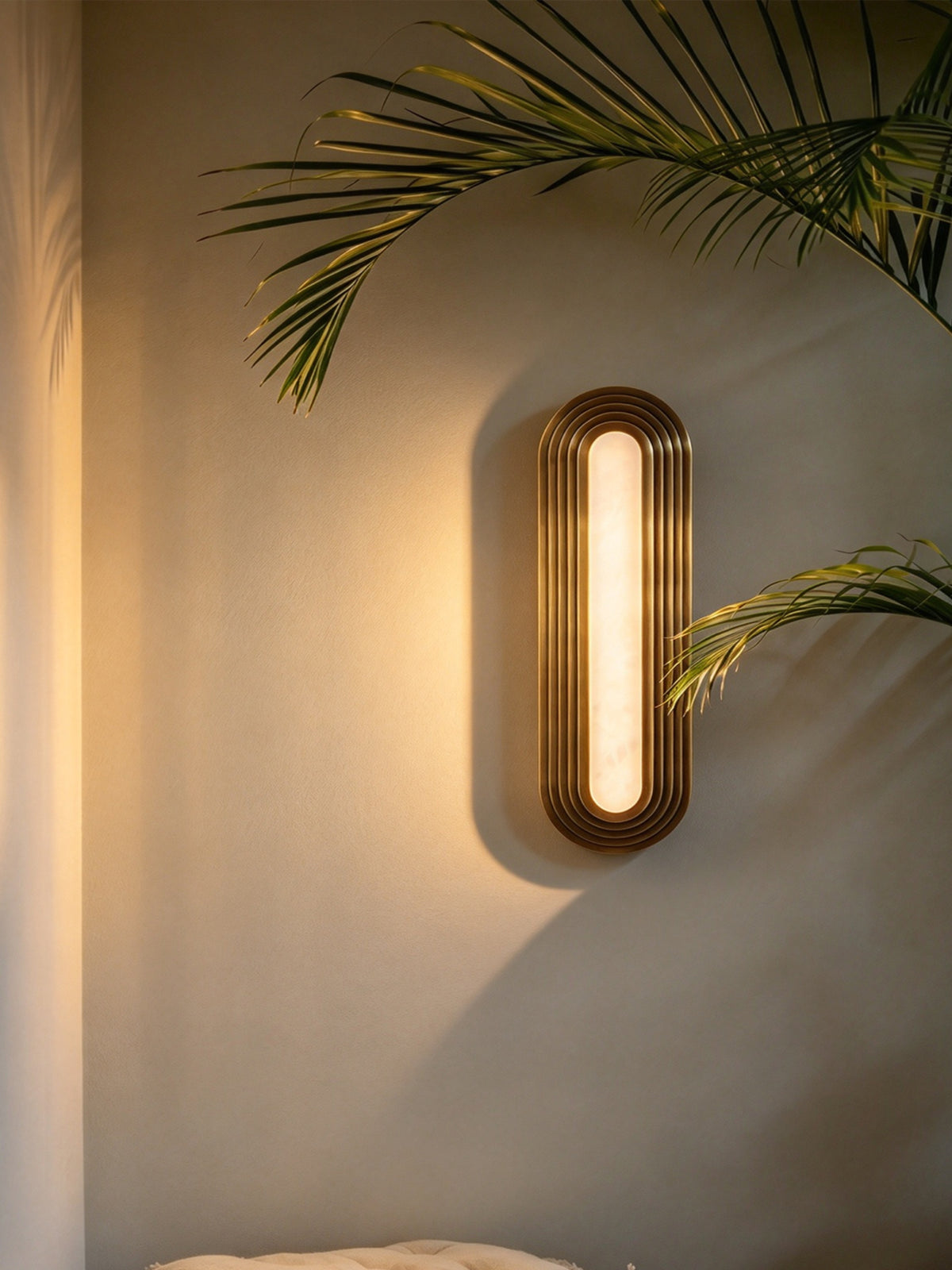 Original room photograph showing the stepped capsule alabaster wall sconce, view four