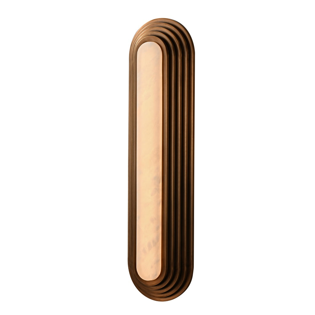 Complete bronze-finish alabaster wall sconce illuminated on a seamless white background