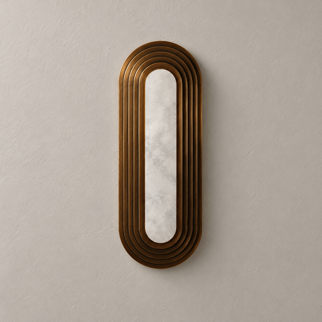 Bronze-finish stepped capsule wall sconce, small size, unlit on a warm neutral wall