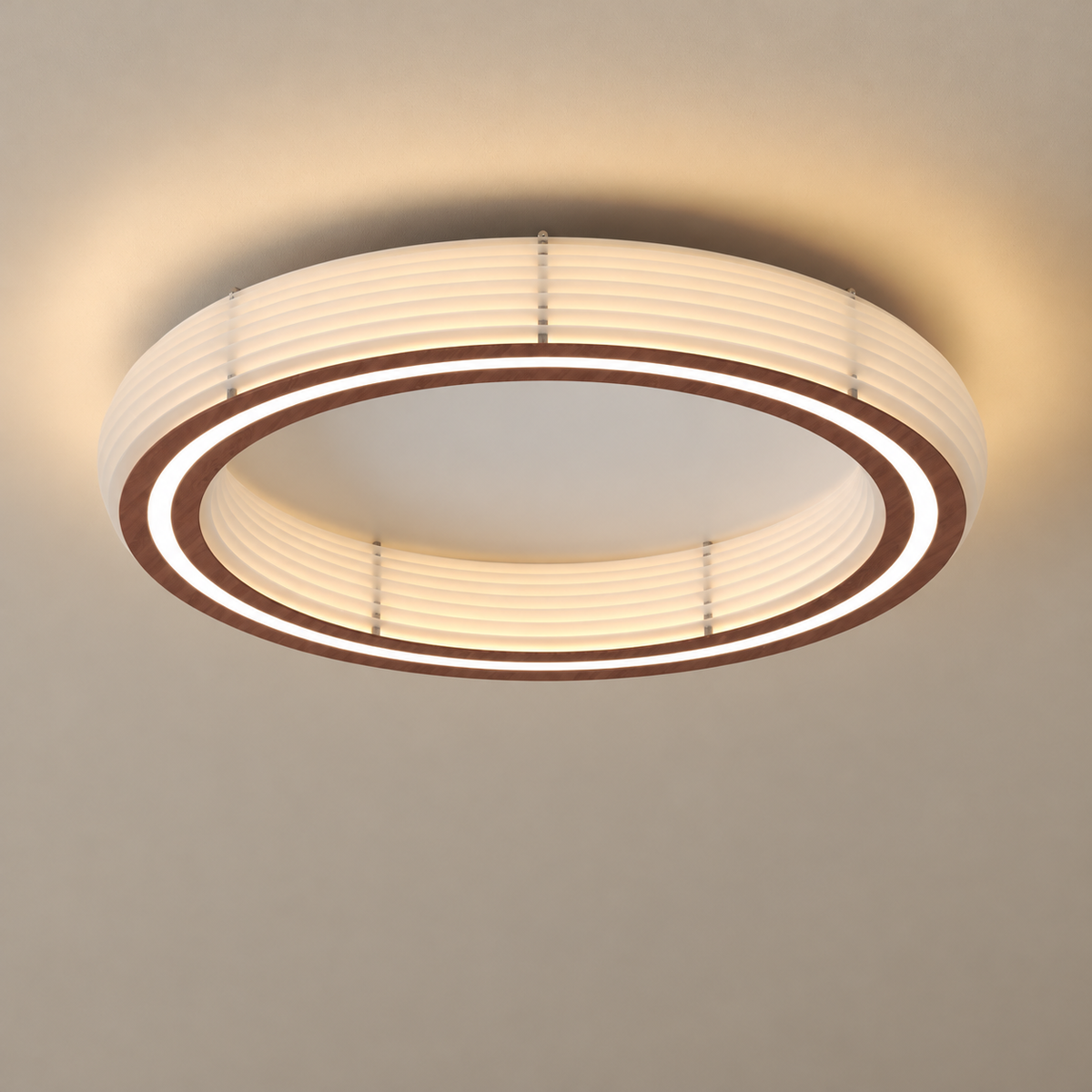Annorive ribbed woodgrain ring ceiling light - 23.62 in diameter hero, softly illuminated against a solid warm taupe ceiling
