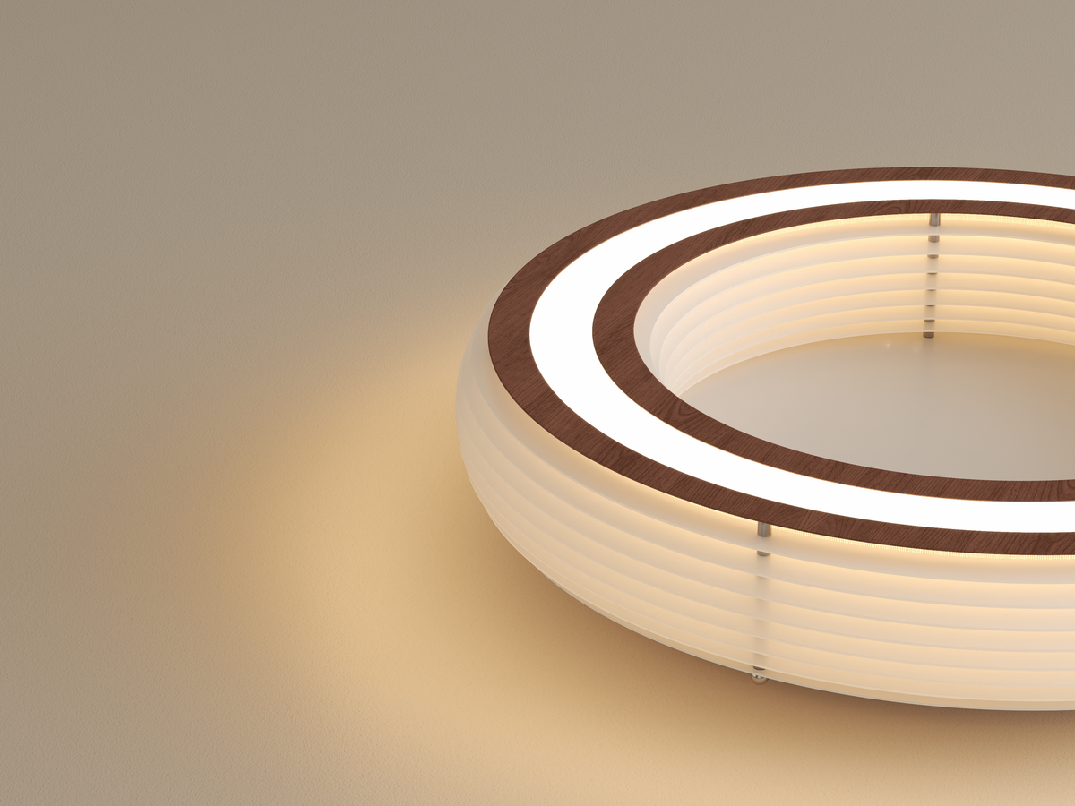 Annorive ribbed woodgrain ring ceiling light - Original annular light and inner layered-shade detail render