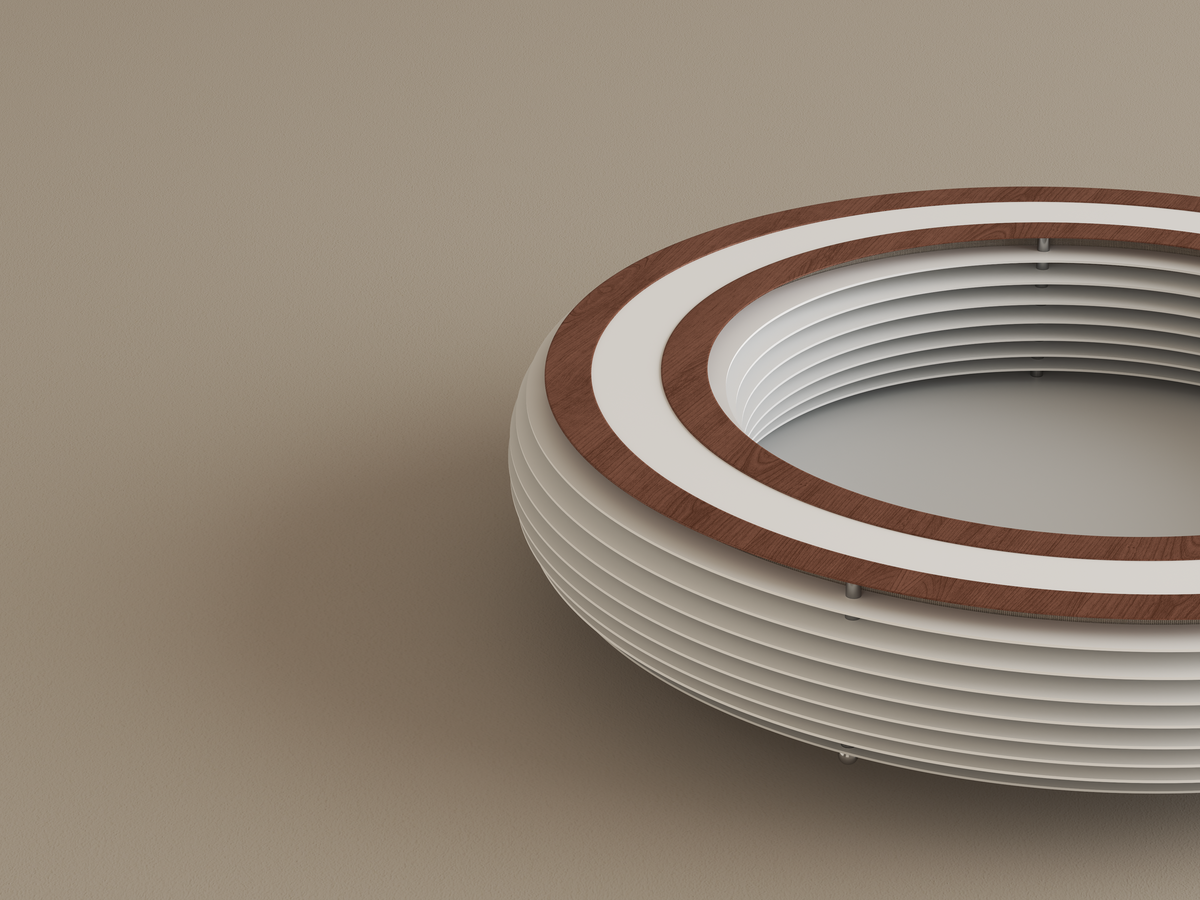 Annorive ribbed woodgrain ring ceiling light - Original woodgrain and metal-fastener detail render, light off