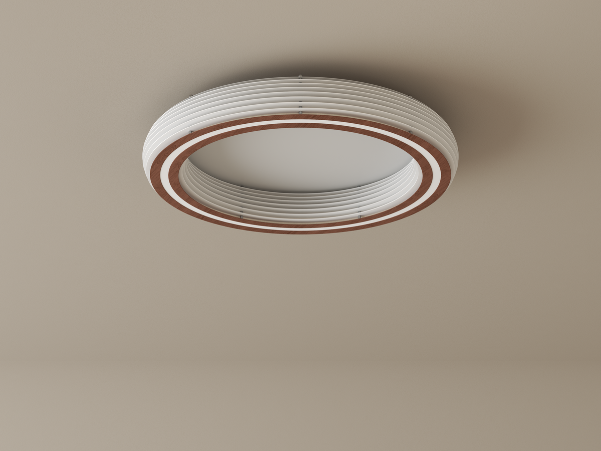 Annorive ribbed woodgrain ring ceiling light - 23.62 in diameter original full fixture render, light off