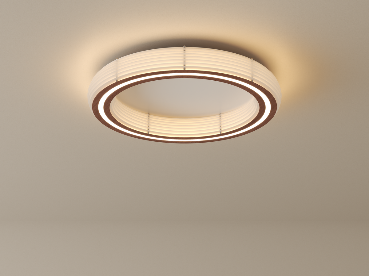 Annorive ribbed woodgrain ring ceiling light - 23.62 in diameter original full fixture render, light on
