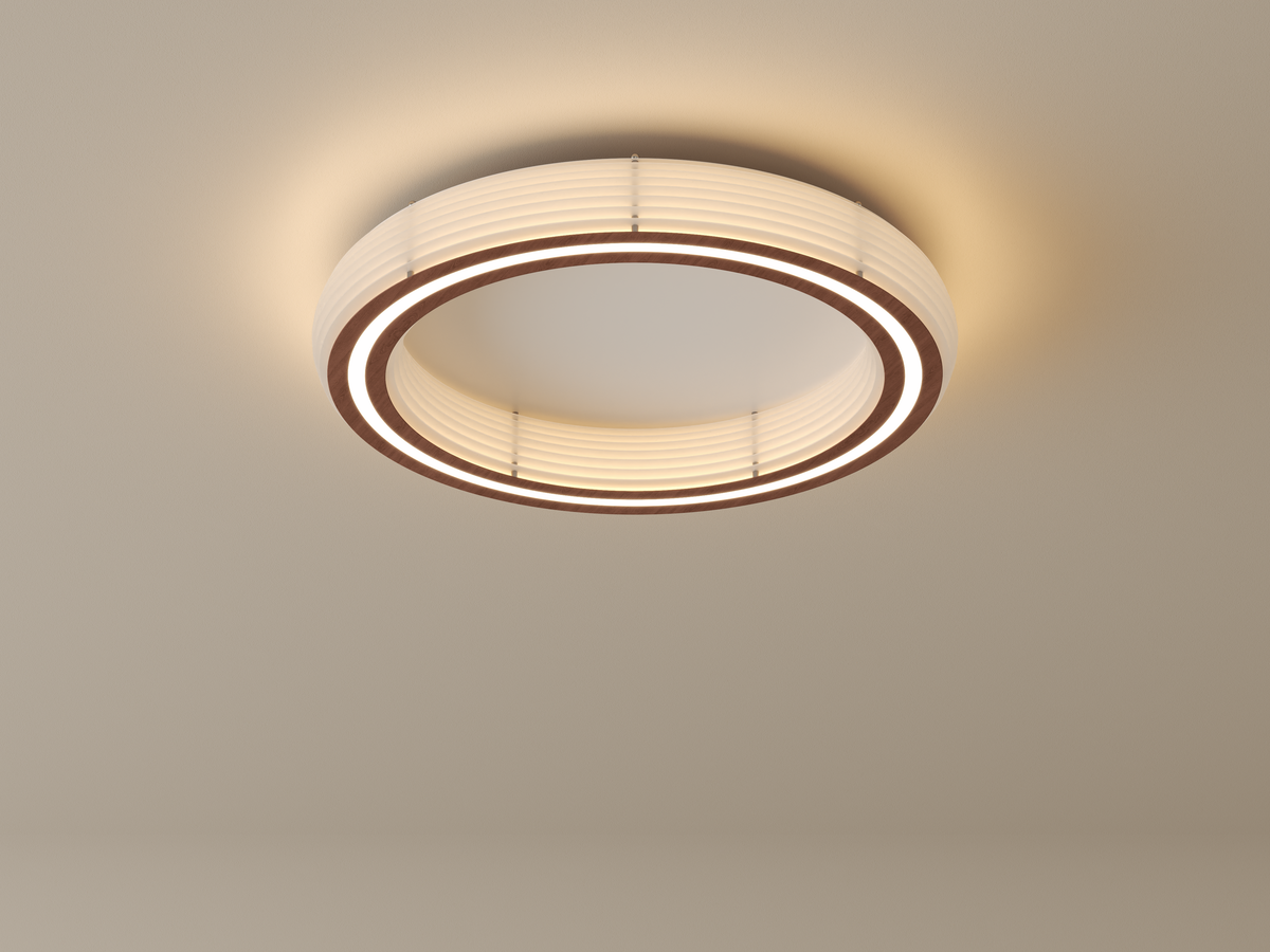 Annorive ribbed woodgrain ring ceiling light - 23.62 in diameter original complementary product angle render, light on