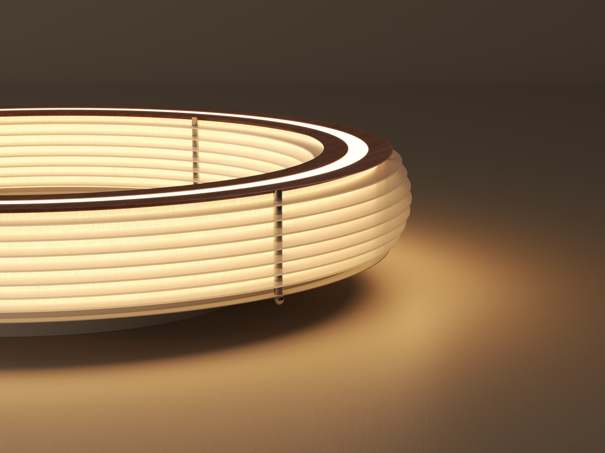 Annorive ribbed woodgrain ring ceiling light - 23.62 in diameter original outer layered shade and metal-fastener detail render