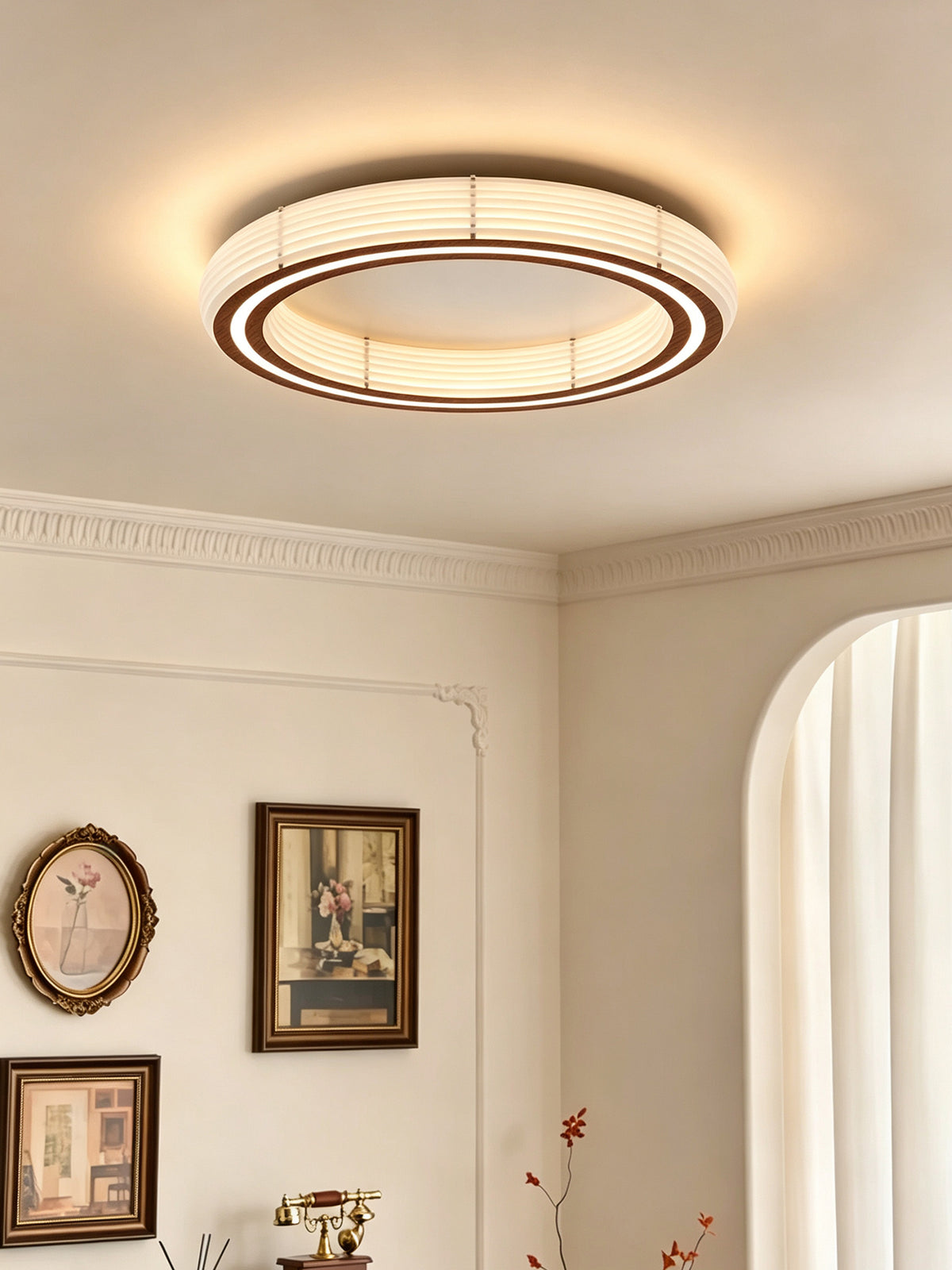 Annorive ribbed woodgrain ring ceiling light - Original French sitting-room scene, fixture illuminated