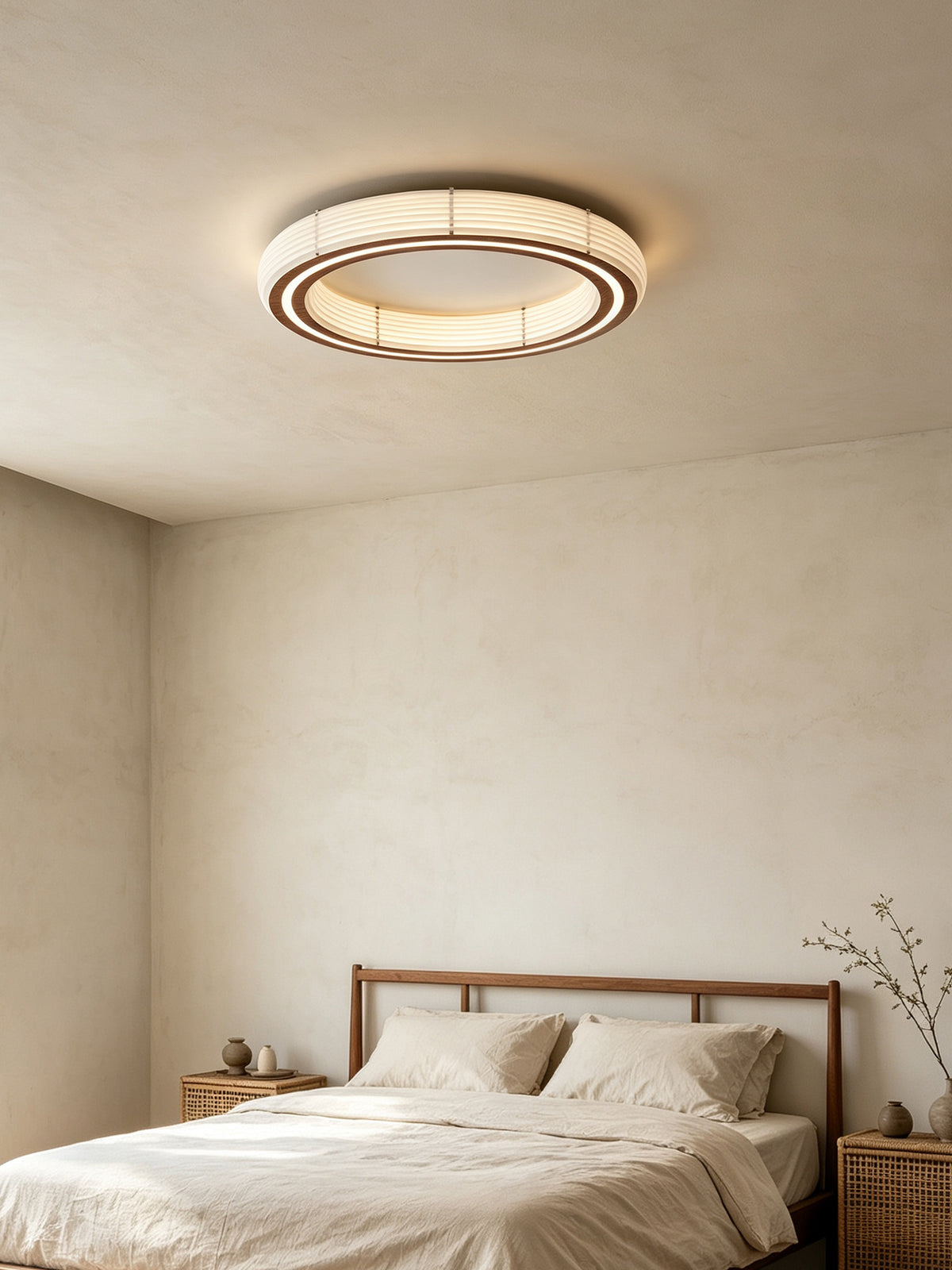 Annorive ribbed woodgrain ring ceiling light - Original bedroom scene, fixture illuminated