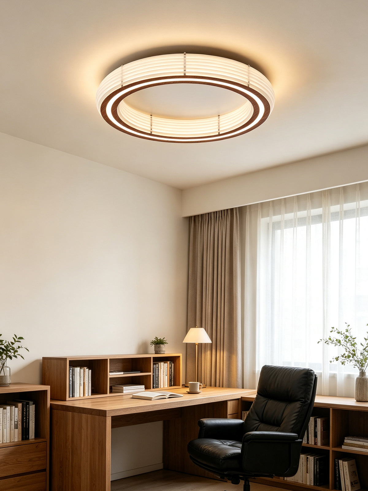Annorive ribbed woodgrain ring ceiling light - Original study scene, fixture illuminated