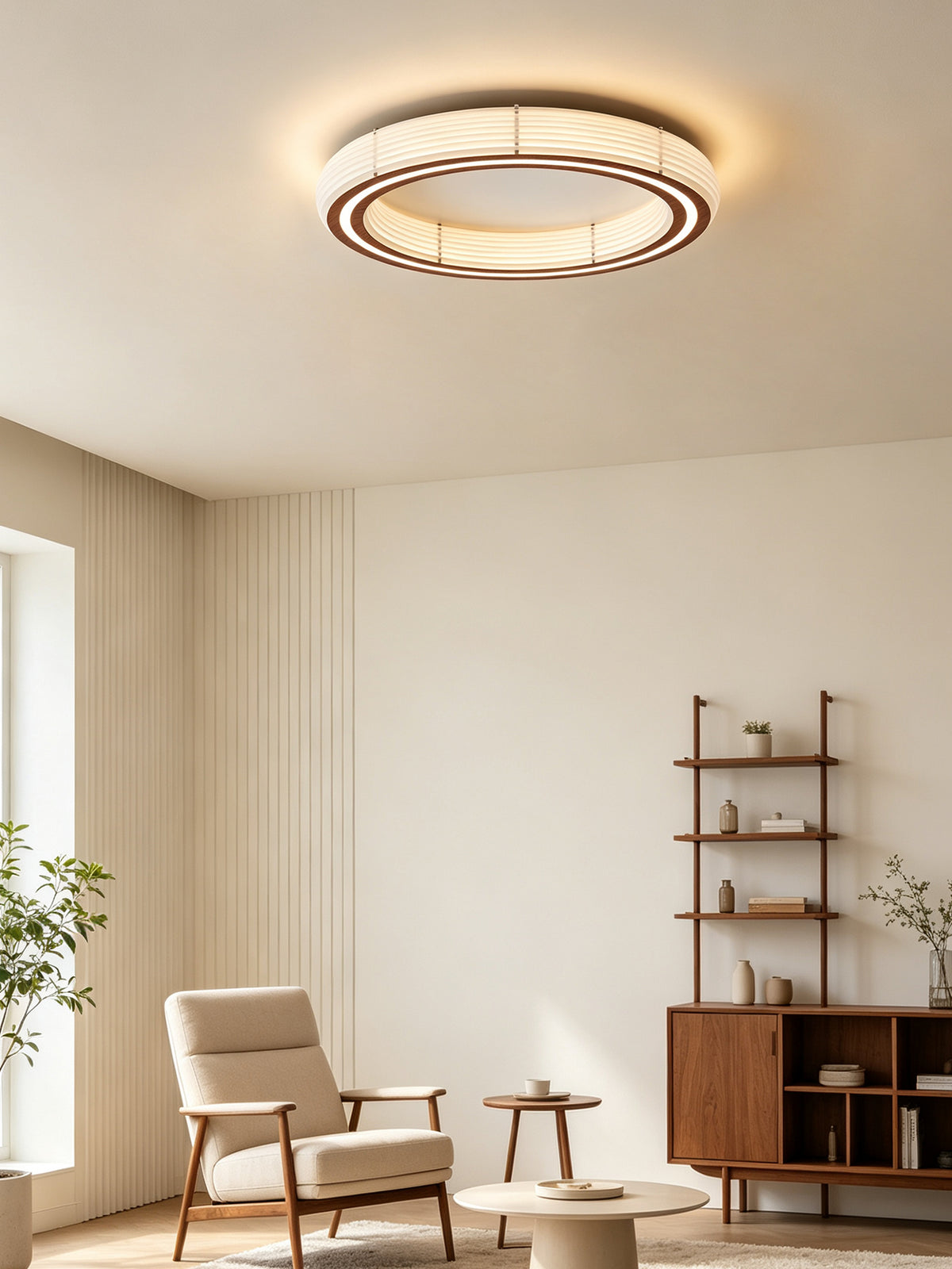 Annorive ribbed woodgrain ring ceiling light - Original reading-room scene, fixture illuminated