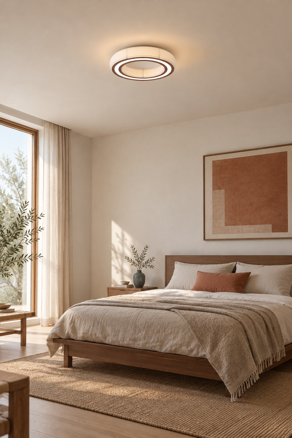 Annorive ribbed woodgrain ring ceiling light - 15.75 in diameter daylight bedroom scene, light on