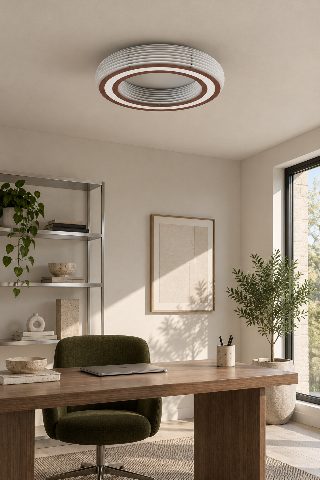 Annorive ribbed woodgrain ring ceiling light - 15.75 in diameter daylight study scene, light off