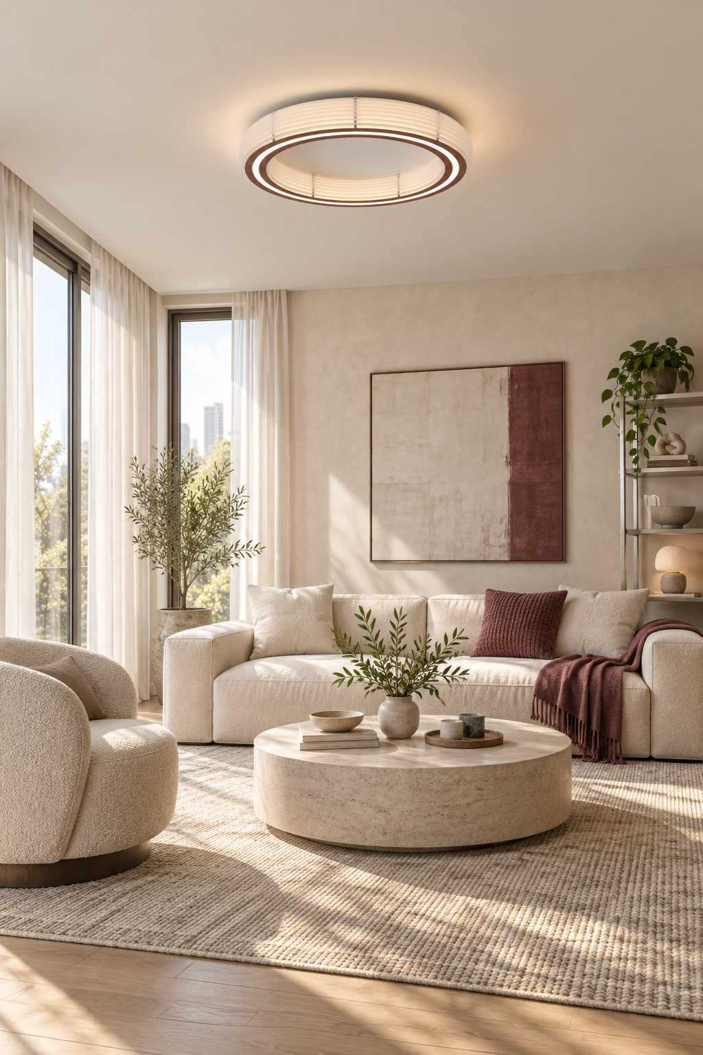 Annorive ribbed woodgrain ring ceiling light - 23.62 in diameter daylight living-room scene, light on