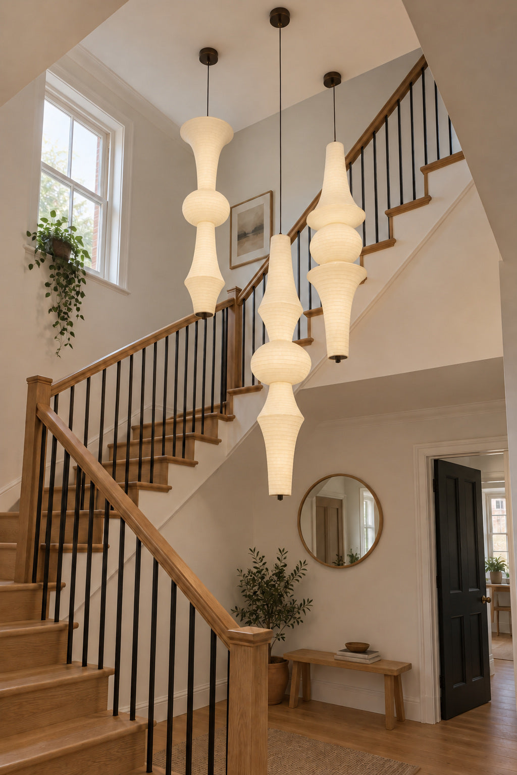 Three sculptural mulberry silk pendant lights in warm white, staggered in a compact oak staircase interior