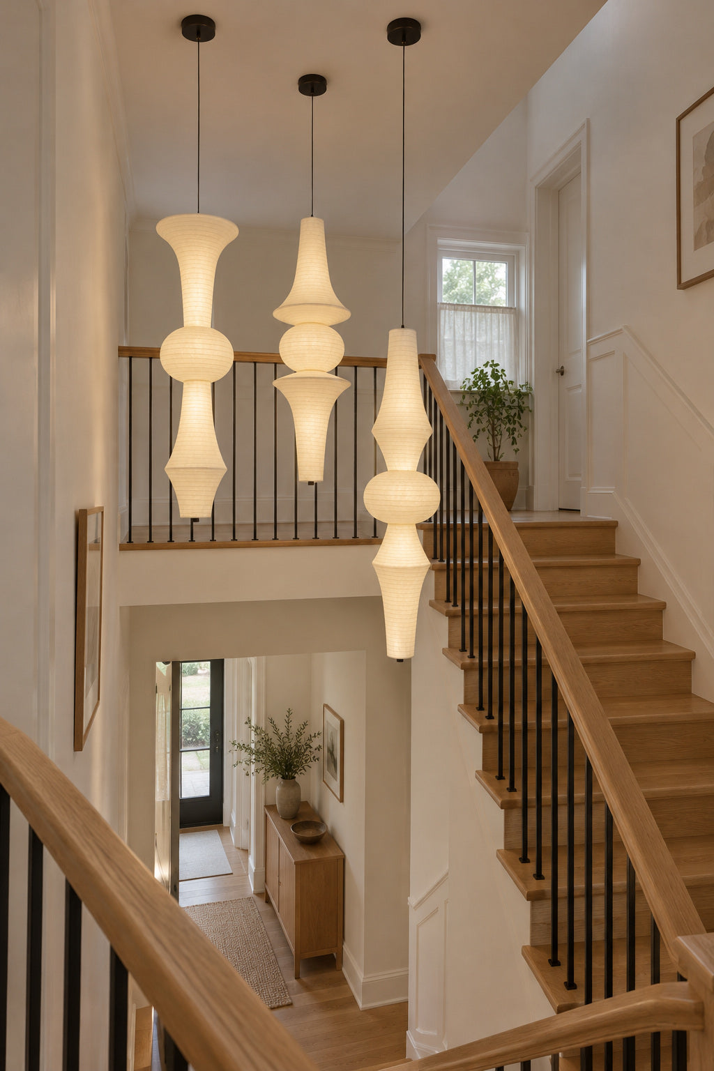 Three sculptural mulberry silk pendant lights suspended at staggered heights beside a compact oak staircase and black balusters