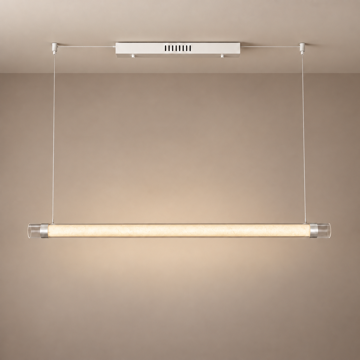 Luneth white and silver linear pendant with warm glowing diffuser and clear open ends