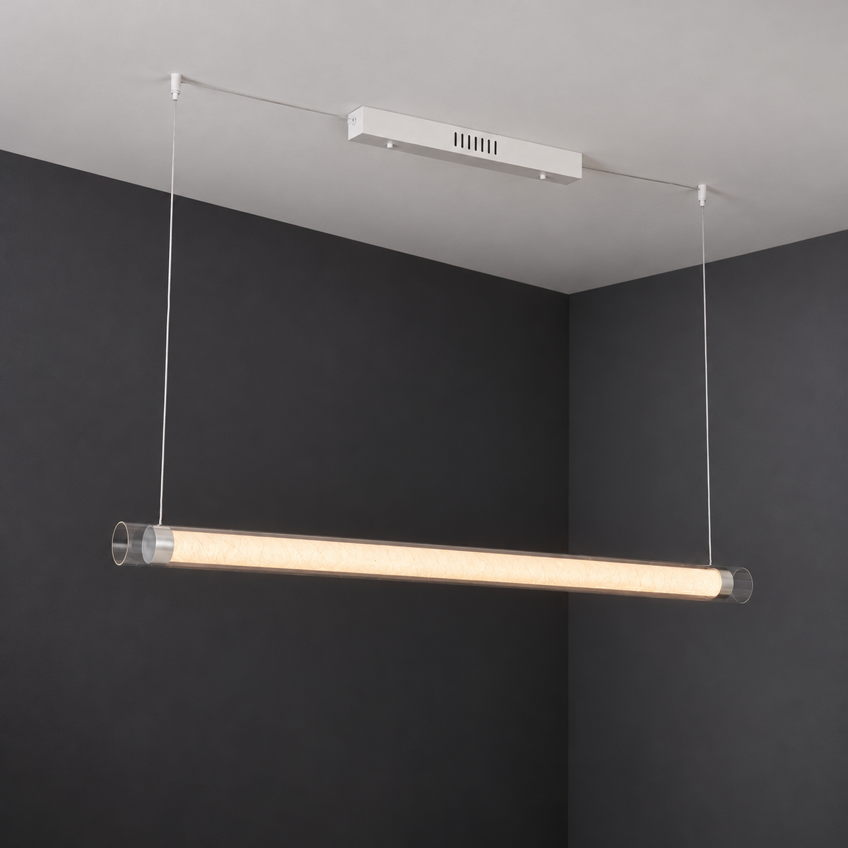 Angled illuminated pendant showing white ceiling hardware and recessed silver end inserts