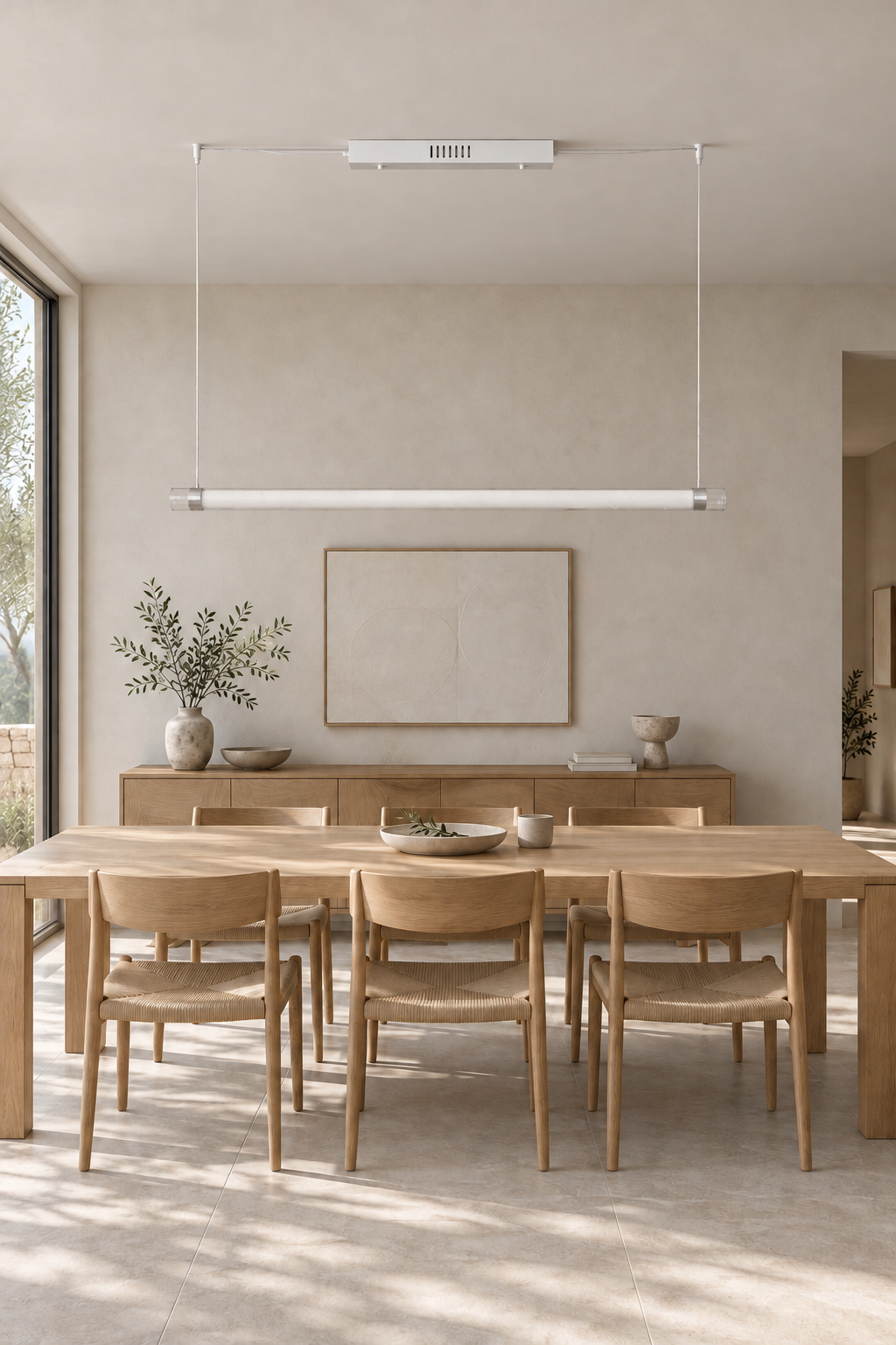 Unlit white and silver linear pendant above a dining table in a bright neutral room