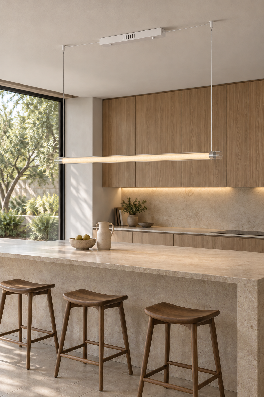 Warm illuminated white and silver tube pendant above a stone kitchen island