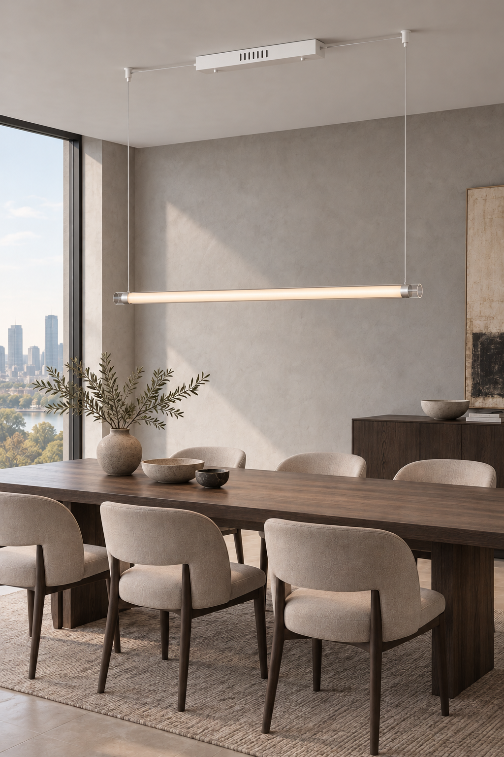 Warm illuminated linear tube pendant above a dining table in an urban interior