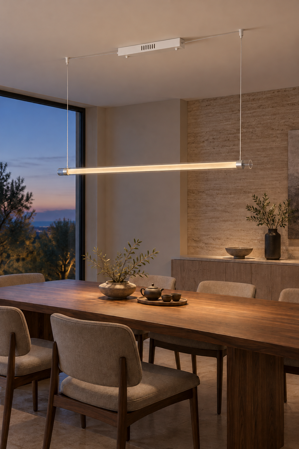 White and silver pendant glowing above a dining table at twilight
