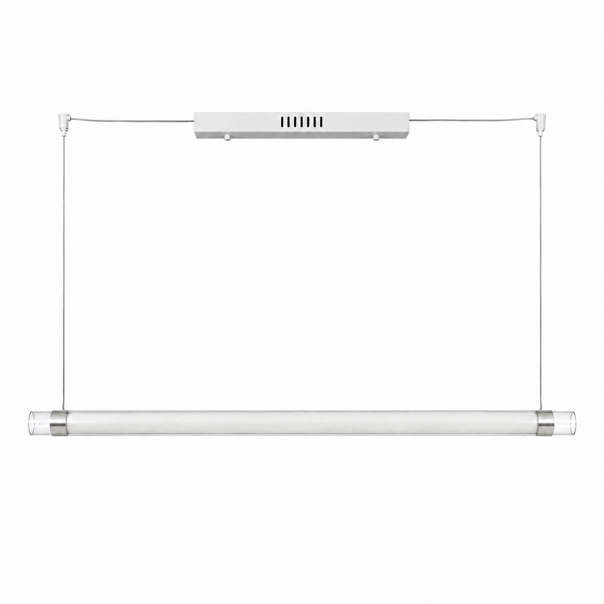 Complete unlit white and silver tube pendant with canopy and cables on a white background
