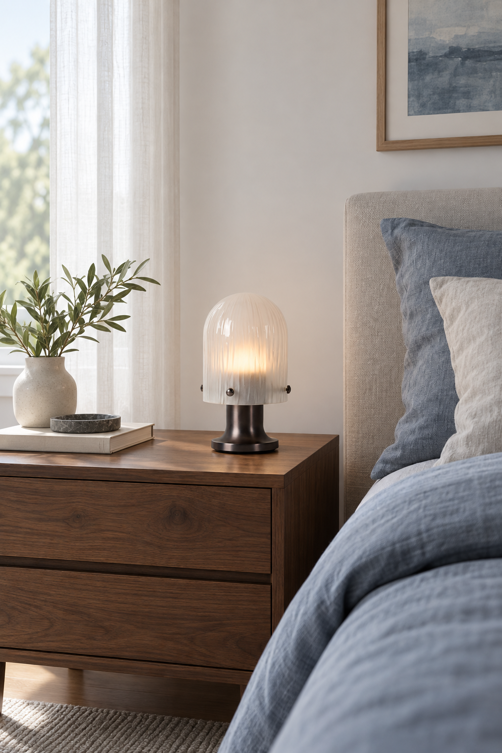 Mernoval glass table lamp illuminated on a walnut bedside table