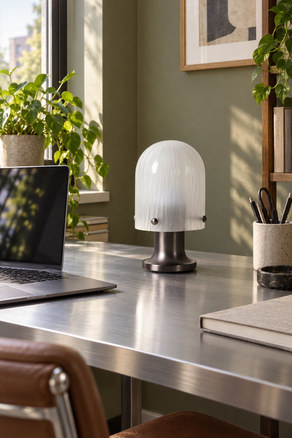 Unlit Mernoval table lamp beside a laptop on a metal desk