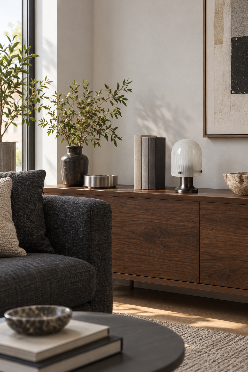 Unlit Mernoval glass table lamp on a walnut living room console