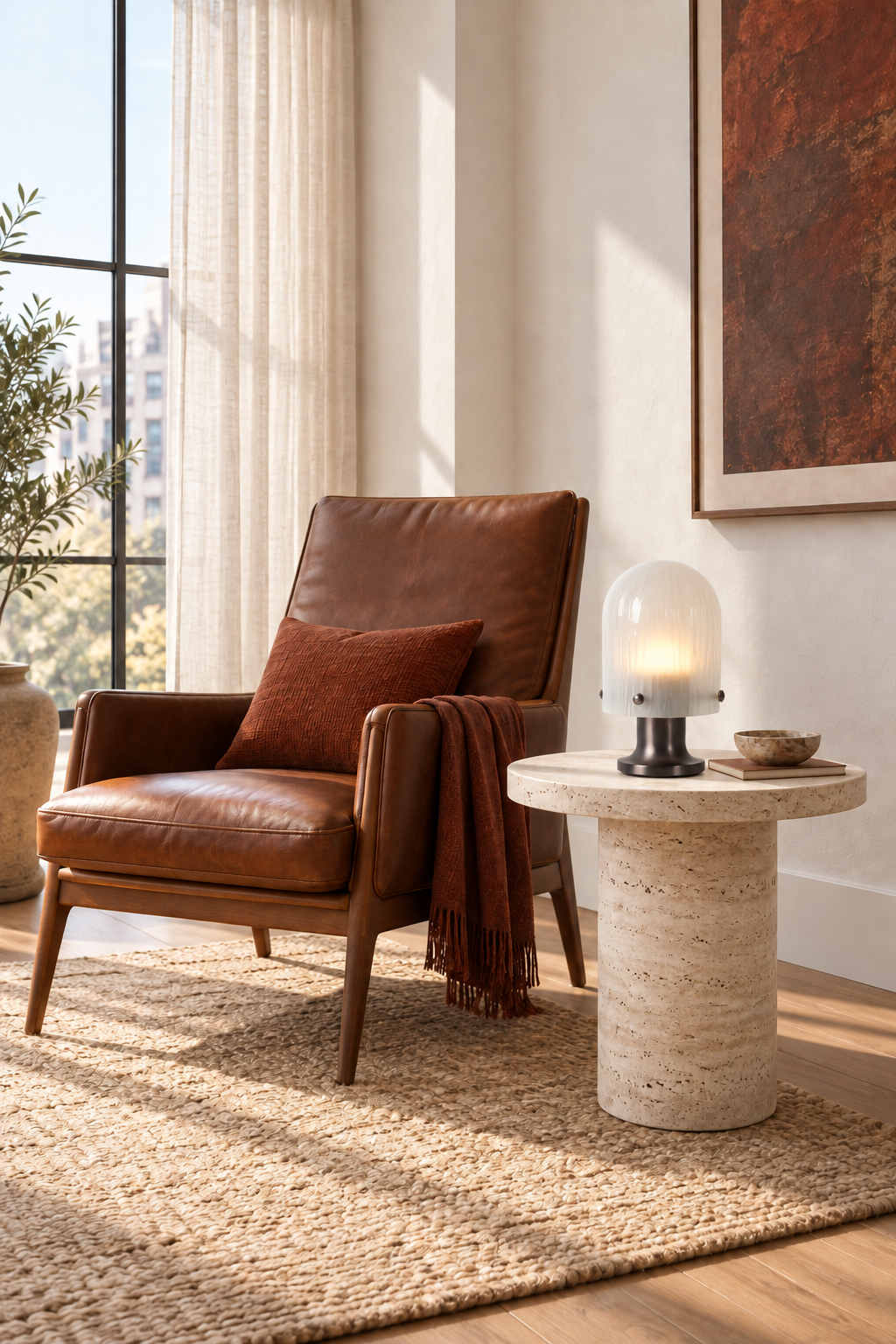 Mernoval table lamp illuminated on a travertine side table in a reading nook