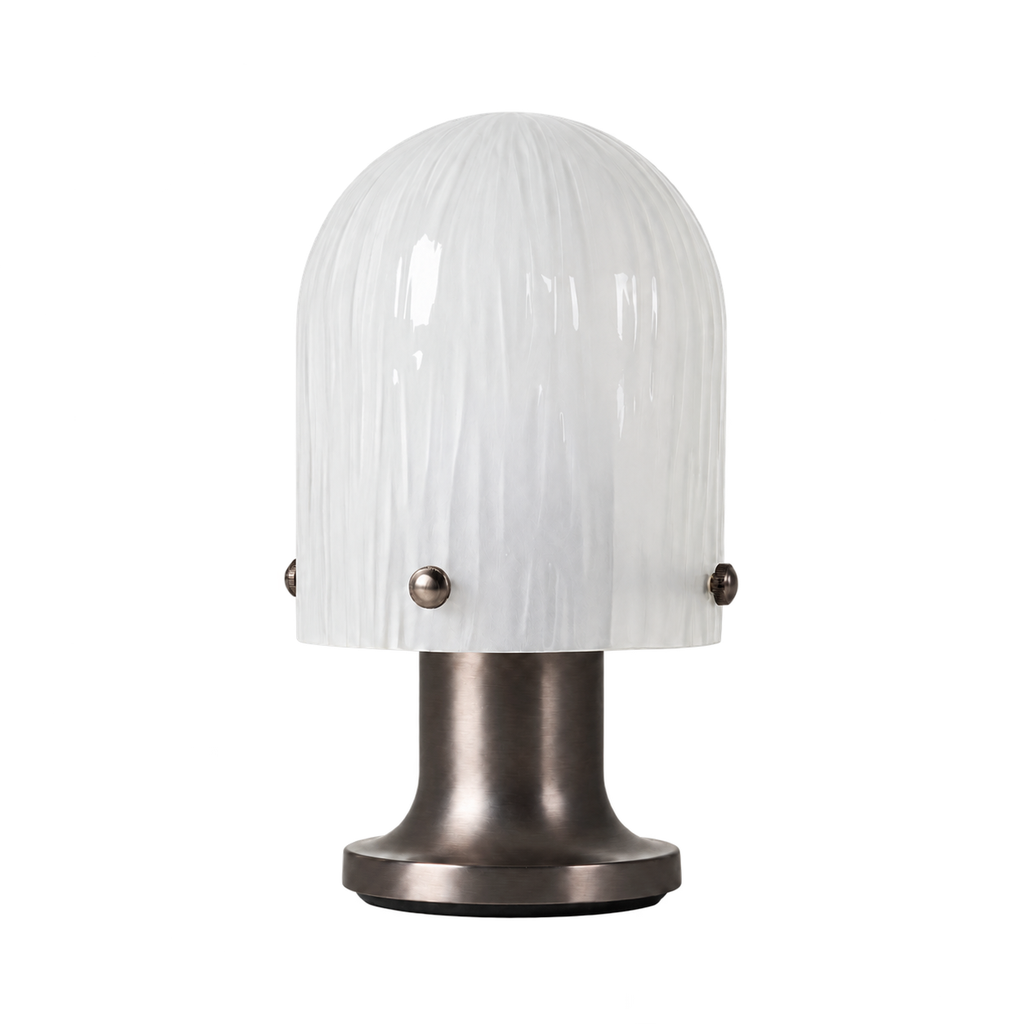 Complete unlit Mernoval glass table lamp on a white background