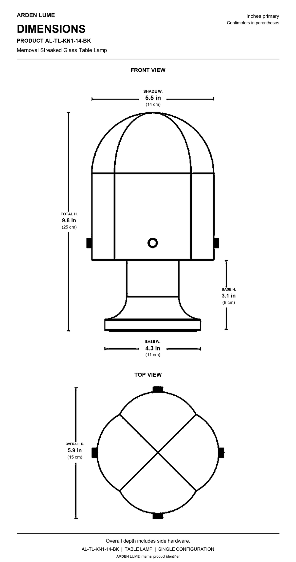 Mernoval table lamp front and top technical views with verified shade, overall height, base and depth dimensions