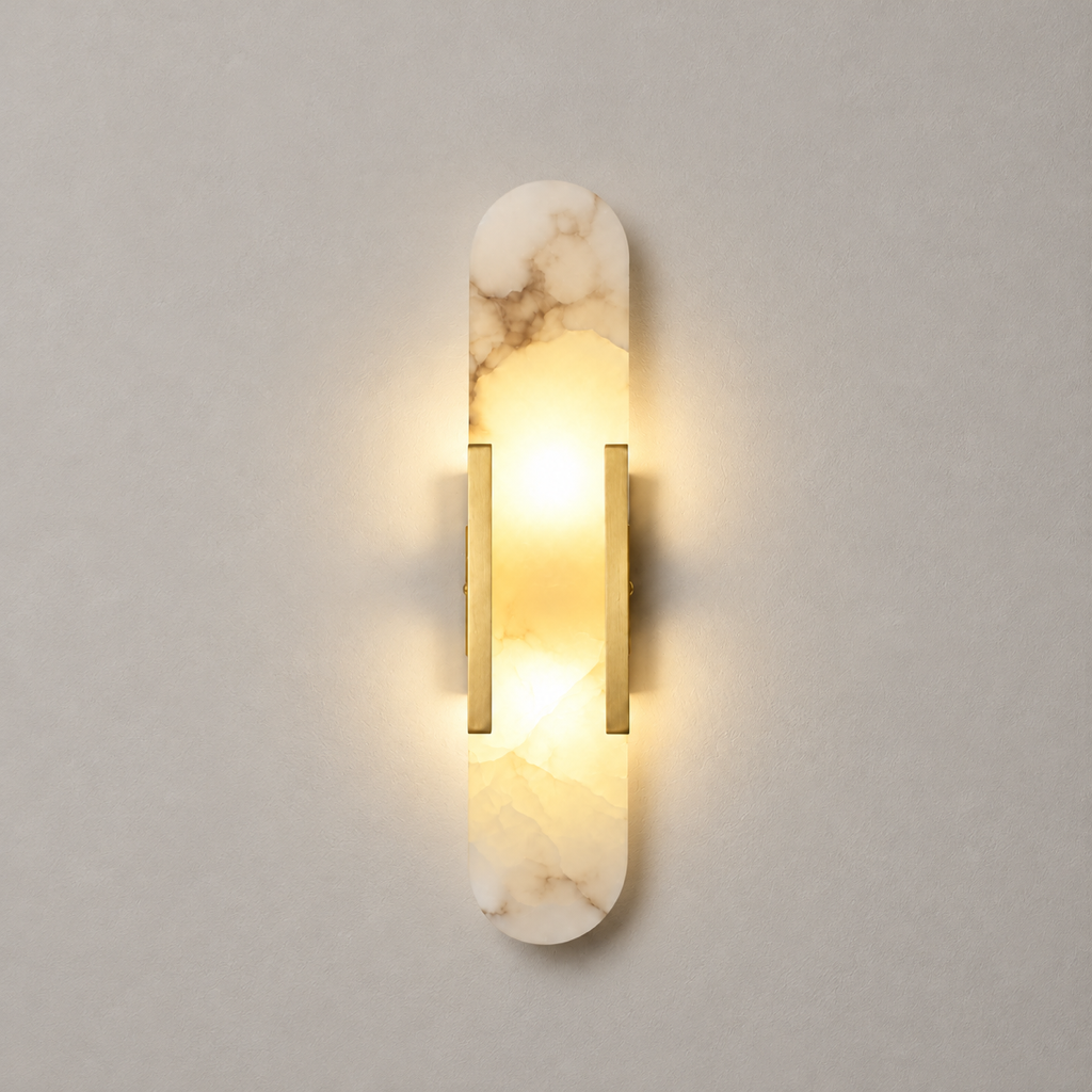 Modern Alabaster Capsule Wall Sconce illuminated front view