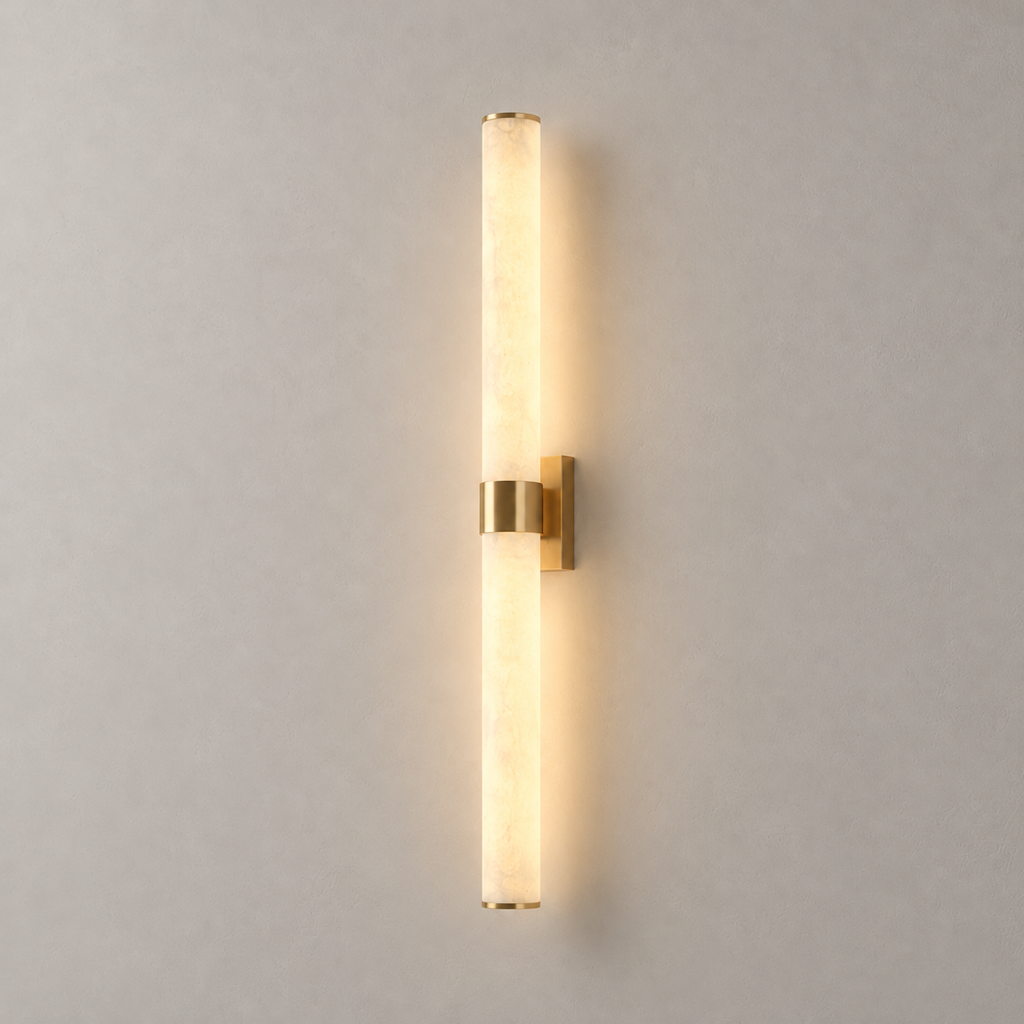 Modern Snowflake Alabaster Cylinder Wall Sconce in Natural Brass - product image 01