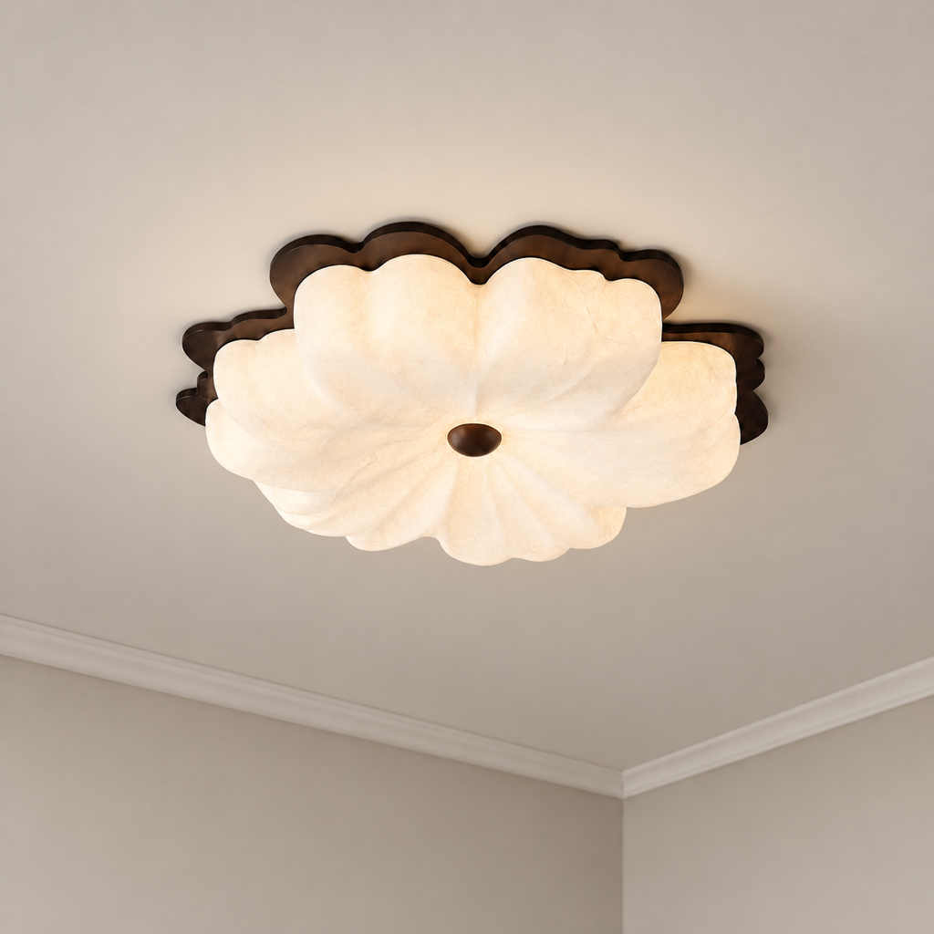 Modern Mulberry Silk Flower Ceiling Light in Walnut and White - product image 01