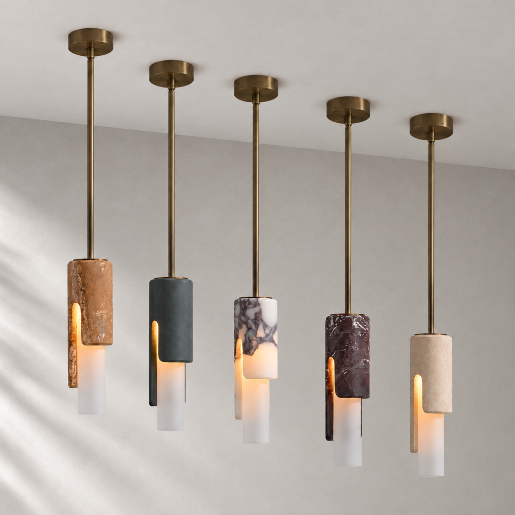 Modern Slim Stone Cylinder Pendant Light in five finish options, installed against a warm beige ceiling
