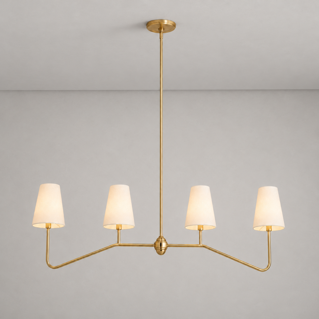 Four-Light Brass and Fabric Linear Chandelier product view on a warm neutral background, view 1
