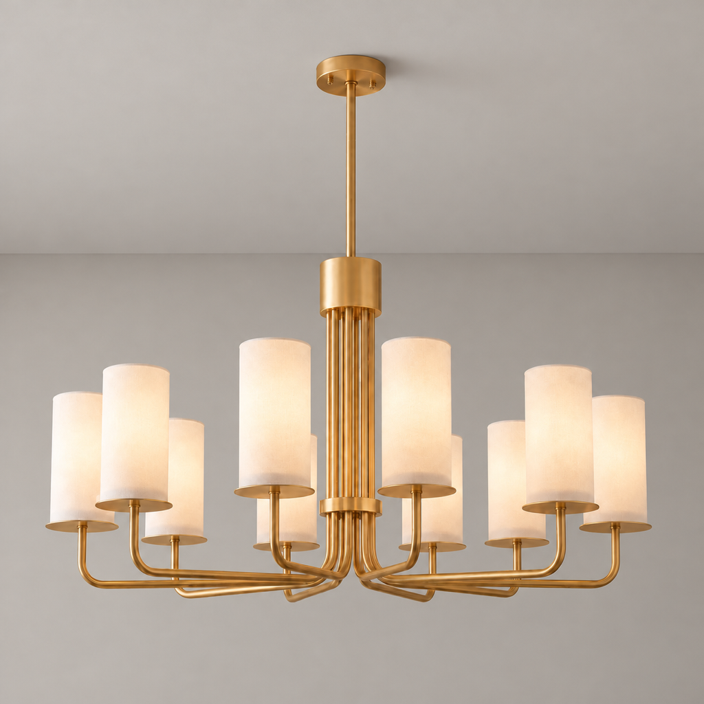 Solid Brass Tiered Chandelier product view on a warm neutral background, view 1