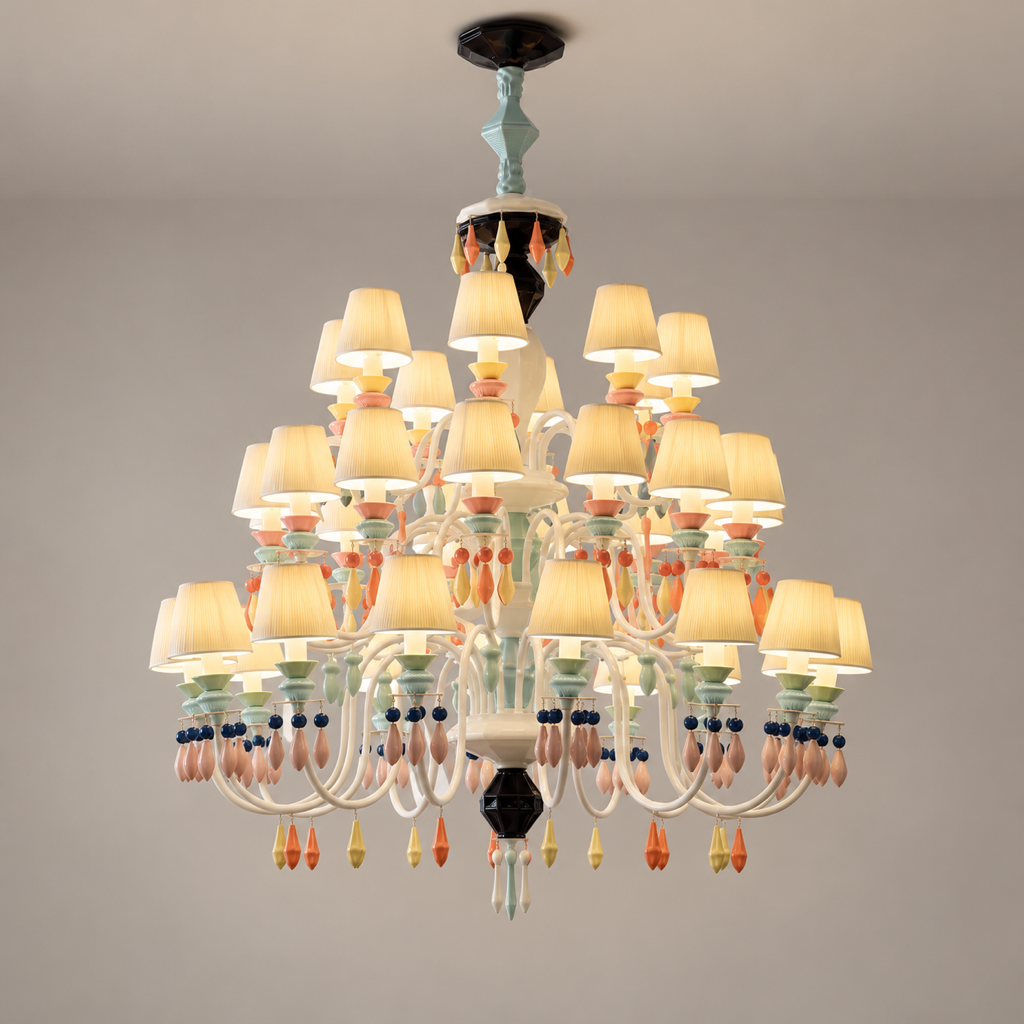 Pastel Ceramic Triple-Tier Grand Chandelier in a double-height foyer