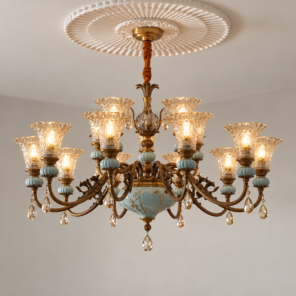Blue Glazed Ceramic Two-Tier Chandelier - neutral greige product hero